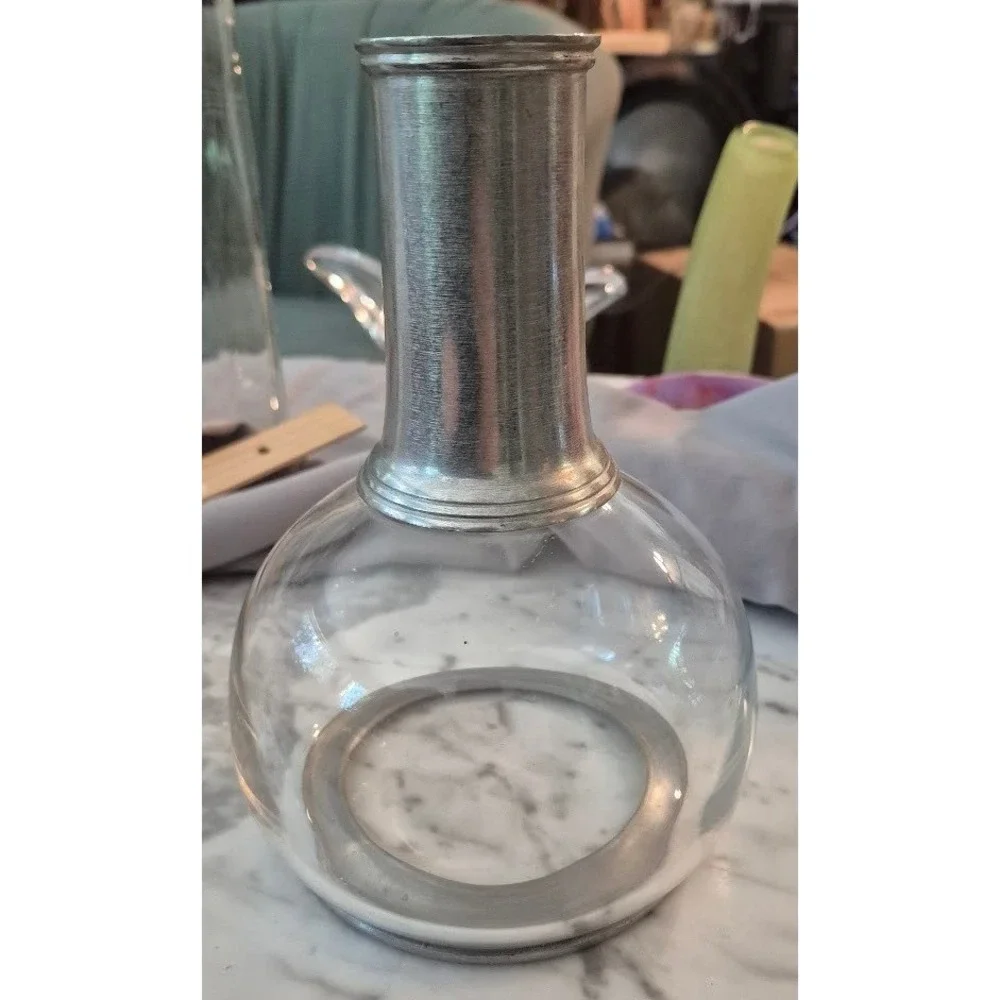 Danish MCM‑Style Glass Decanter Pewter Trim Round Marked 95 – Excellent